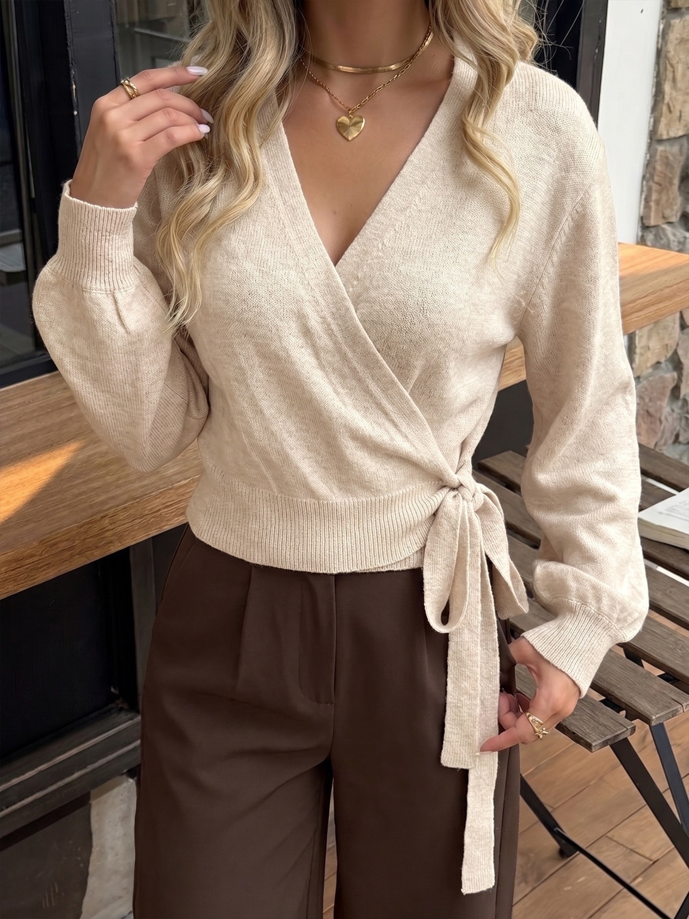 Women's V-Neck Long Sleeve Wrap Knit Sweater