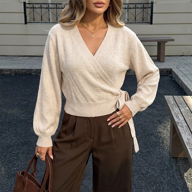 Women's V-Neck Long Sleeve Wrap Knit Sweater