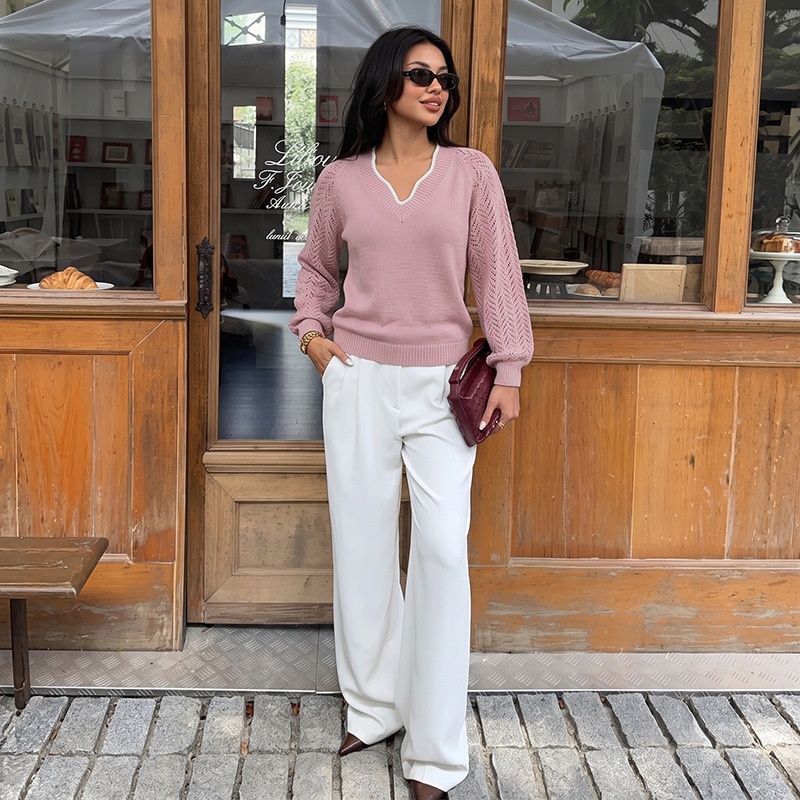 Women's V-Neck Openwork Knit Sweater