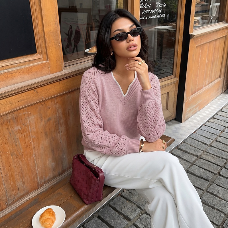 Women's V-Neck Openwork Knit Sweater