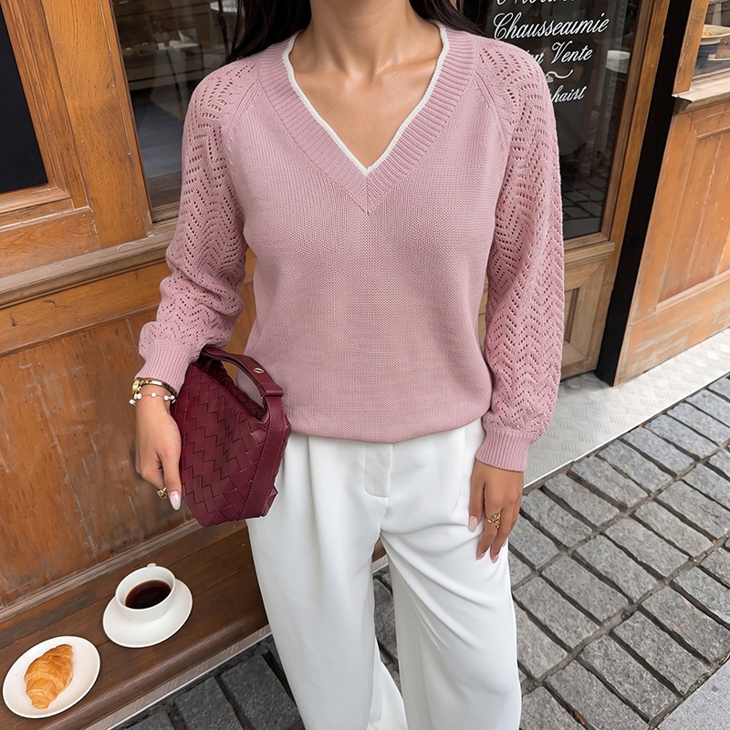 Women's V-Neck Openwork Knit Sweater