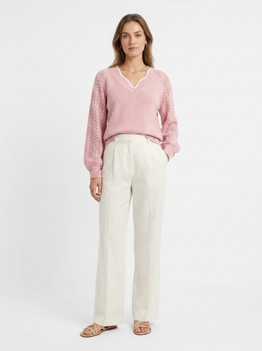 Women's V-Neck Openwork Knit Sweater