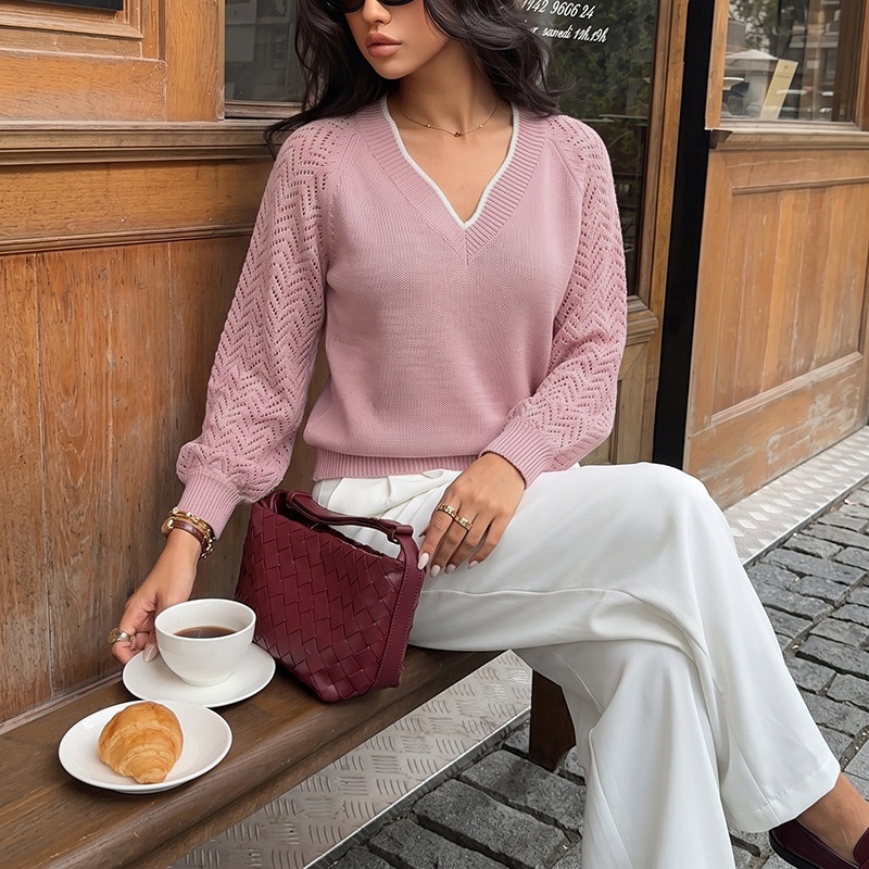 Women's V-Neck Openwork Knit Sweater