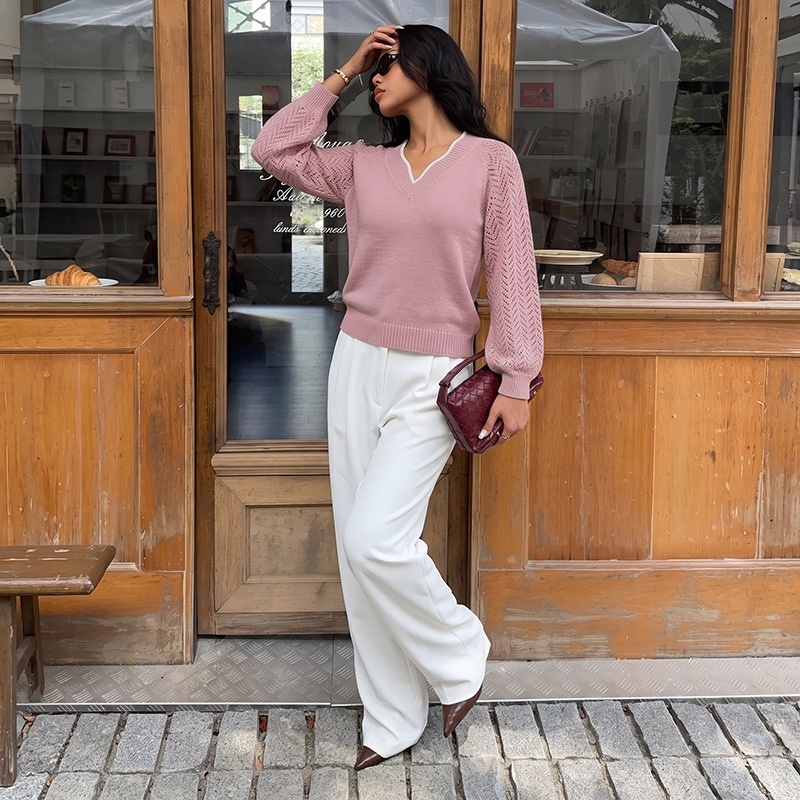 Women's V-Neck Openwork Knit Sweater