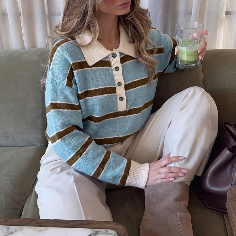 Striped Knit Polo Sweater with Button Placket