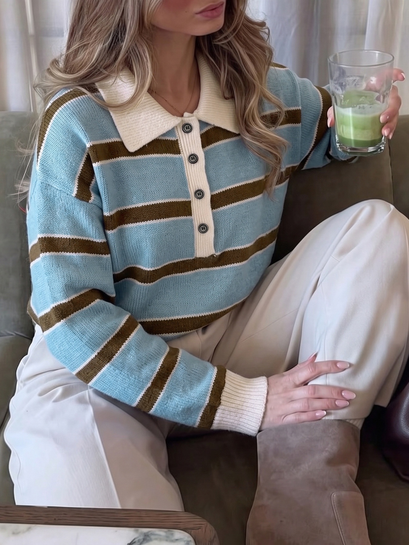 Striped Knit Polo Sweater with Button Placket