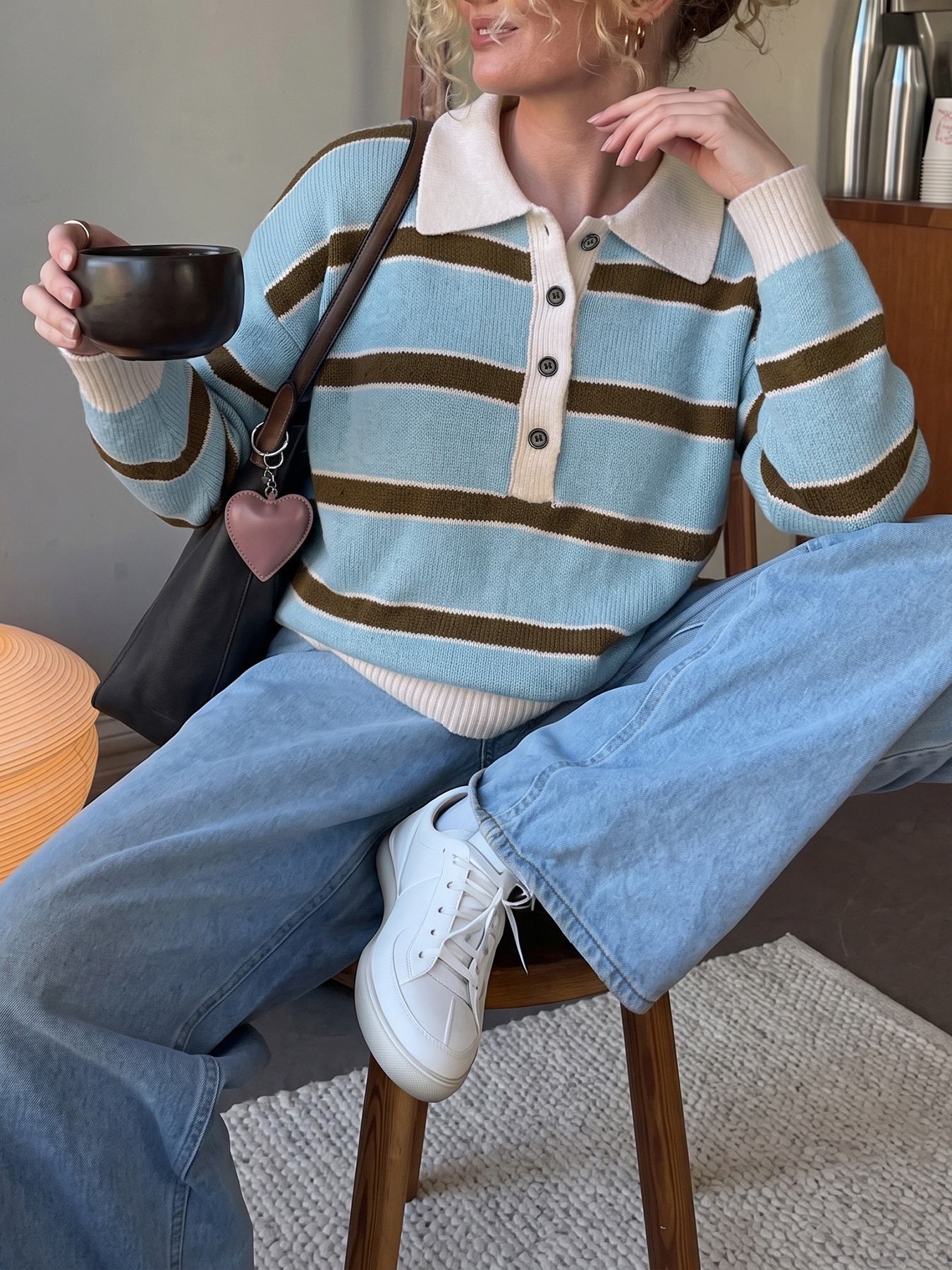 Striped Knit Polo Sweater with Button Placket