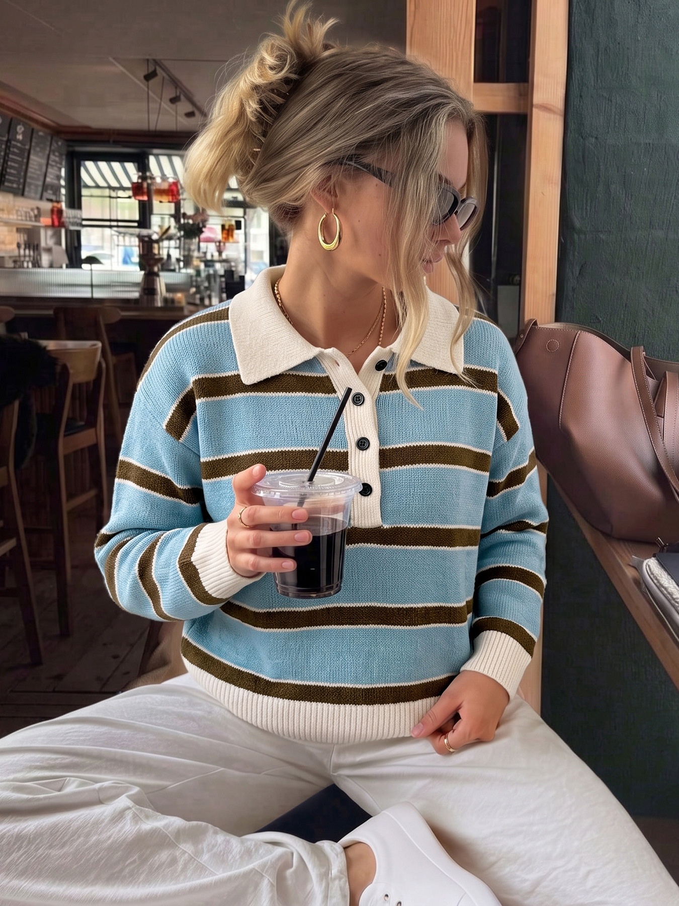 Striped Knit Polo Sweater with Button Placket