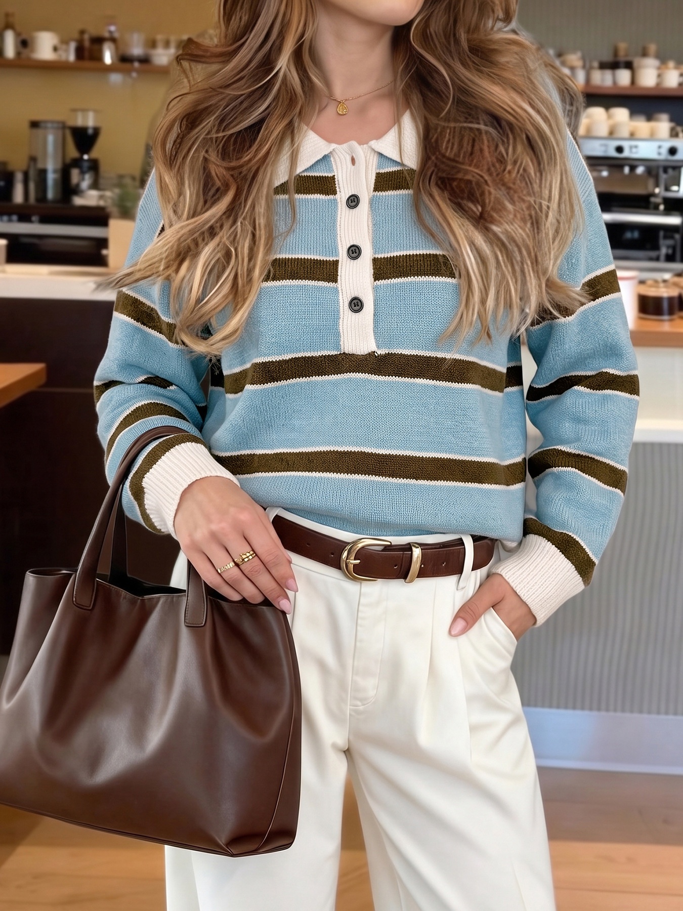 Striped Knit Polo Sweater with Button Placket