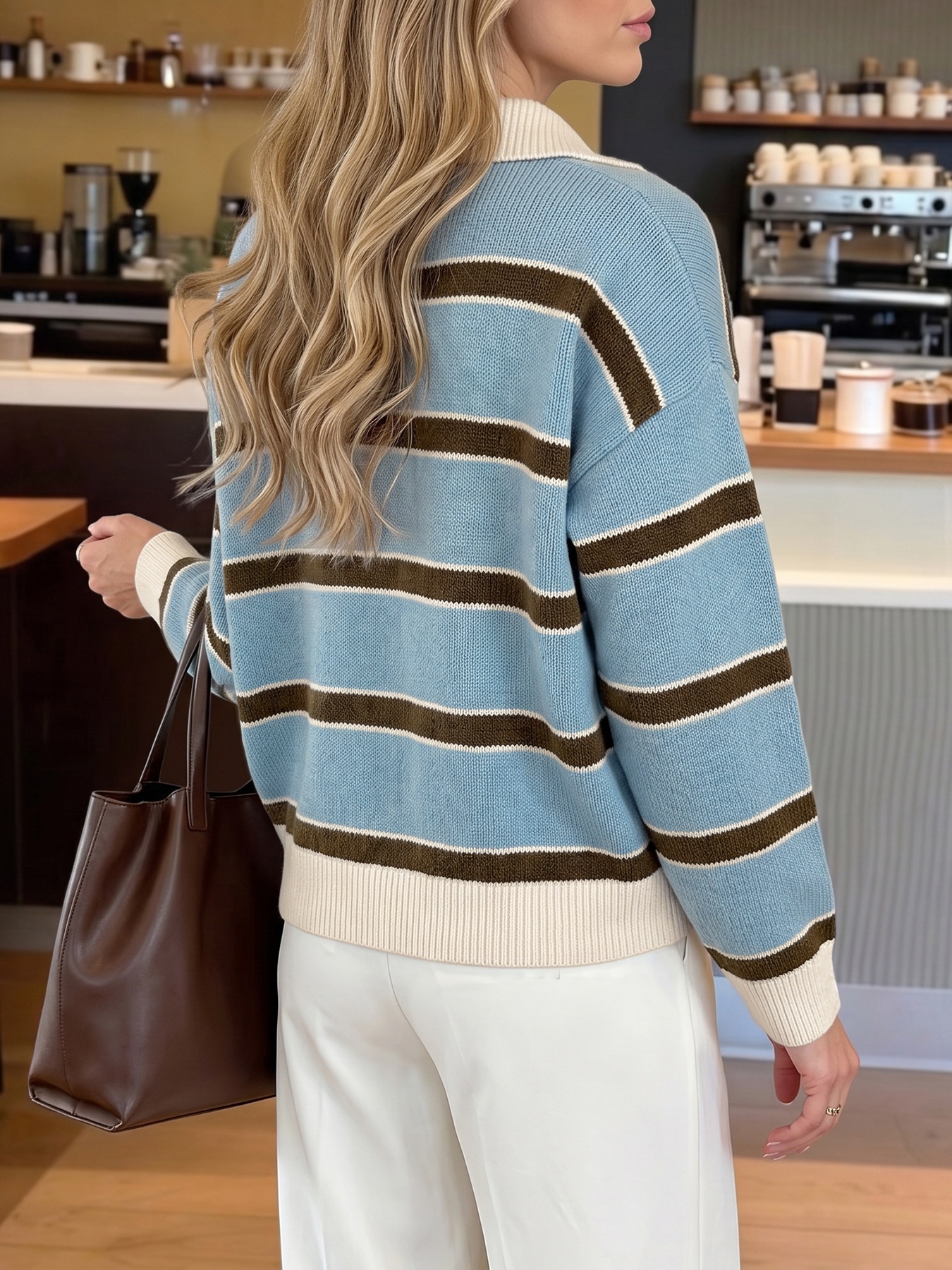Striped Knit Polo Sweater with Button Placket