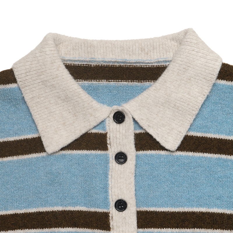 Striped Knit Polo Sweater with Button Placket