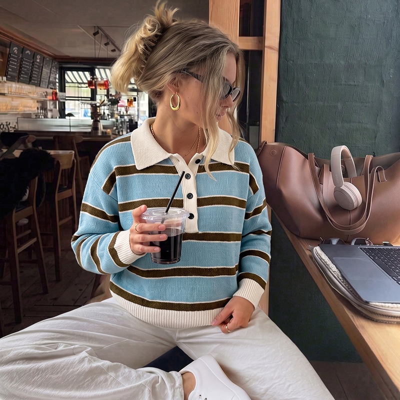 Striped Knit Polo Sweater with Button Placket