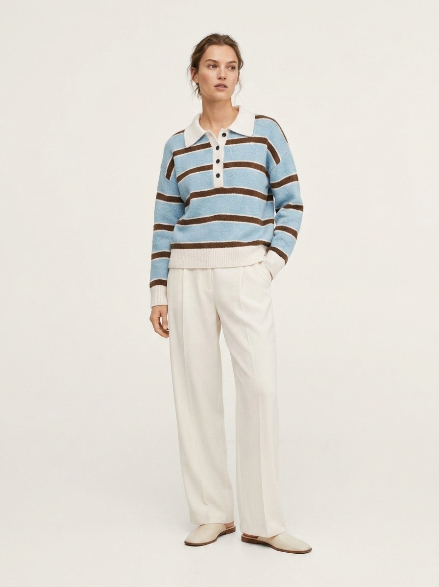 Striped Knit Polo Sweater with Button Placket