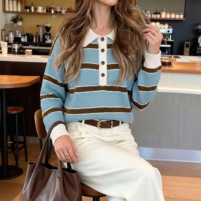 Striped Knit Polo Sweater with Button Placket