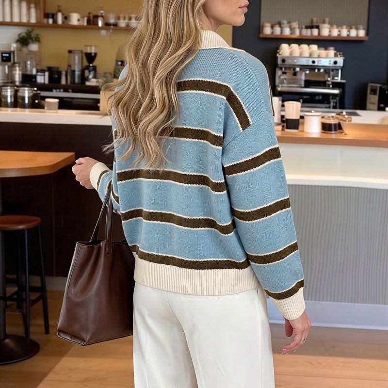 Striped Knit Polo Sweater with Button Placket