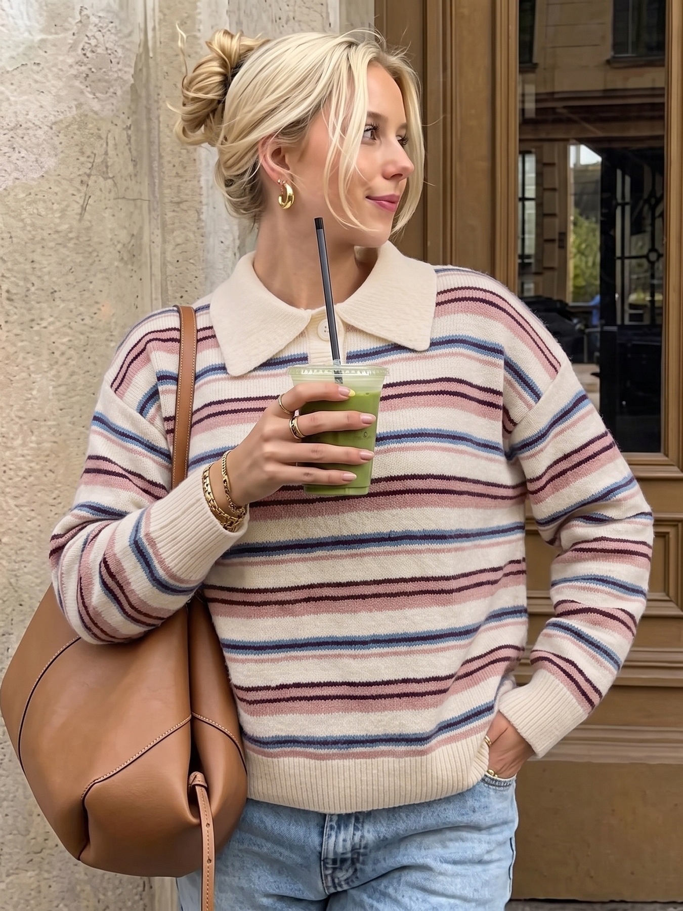Women's Striped Polo Collar Knit Sweater
