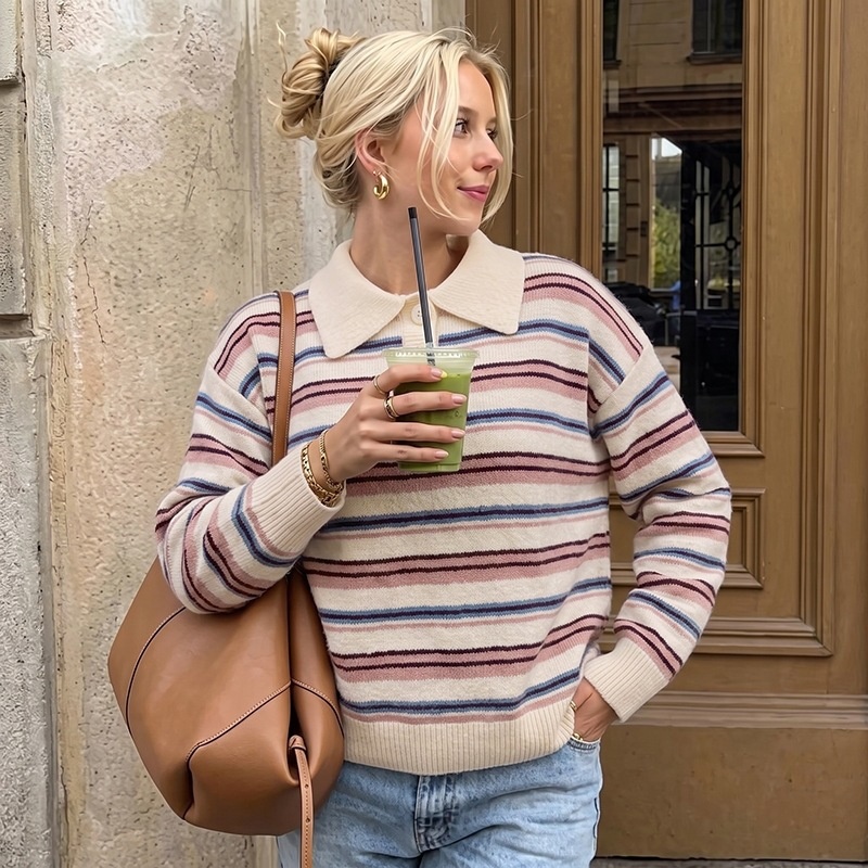 Women's Striped Polo Collar Knit Sweater