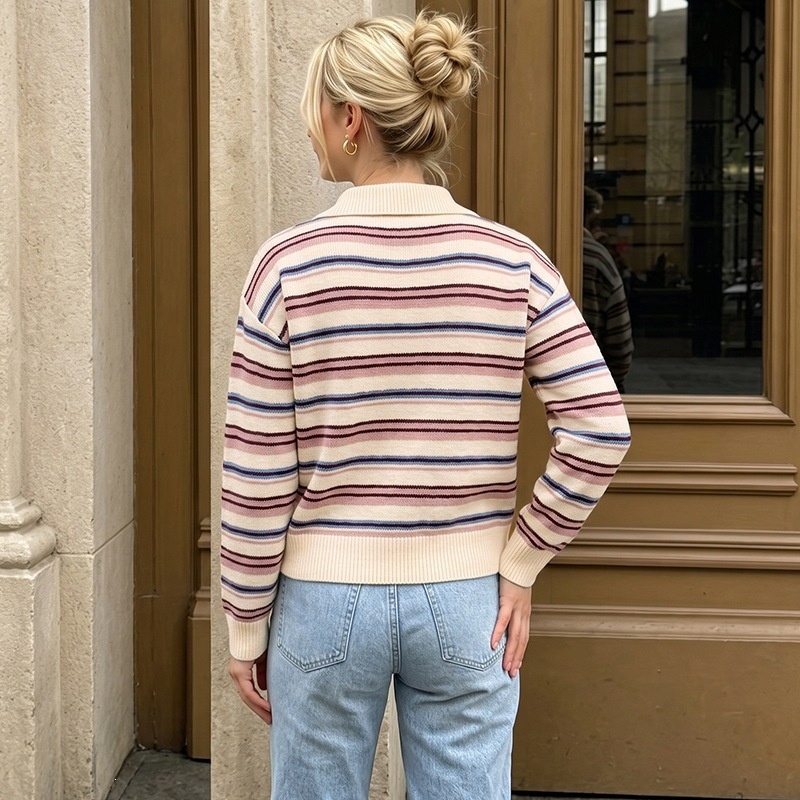 Women's Striped Polo Collar Knit Sweater