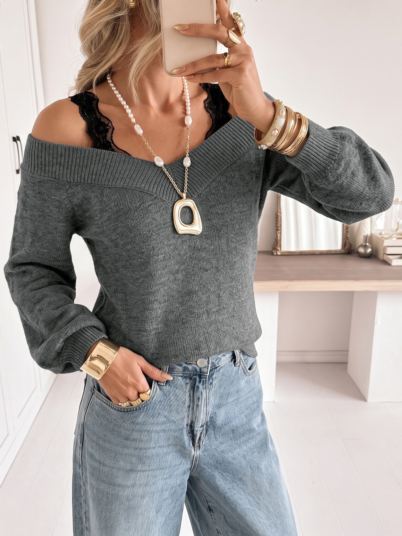 Women's Off-Shoulder Knit Sweater with Lace Straps
