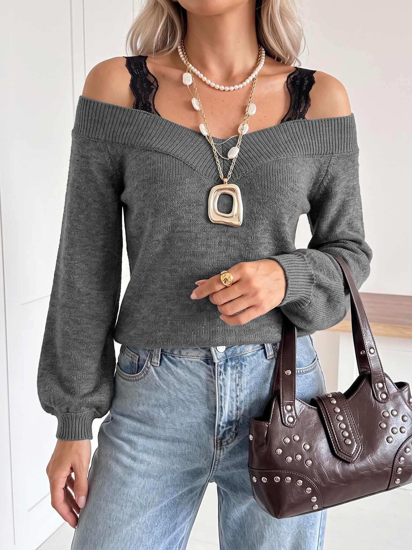 Women's Off-Shoulder Knit Sweater with Lace Straps
