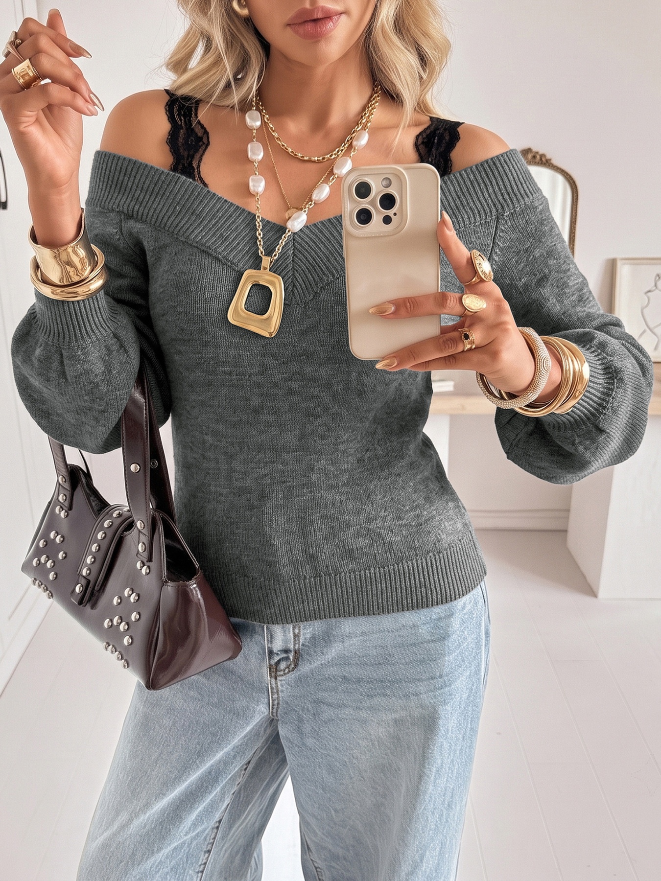 Women's Off-Shoulder Knit Sweater with Lace Straps