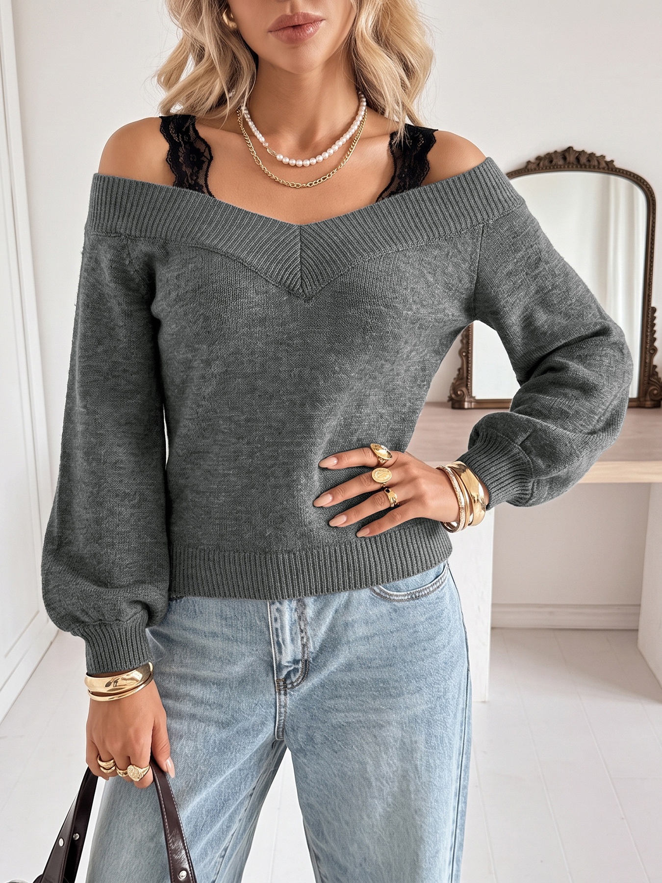 Women's Off-Shoulder Knit Sweater with Lace Straps