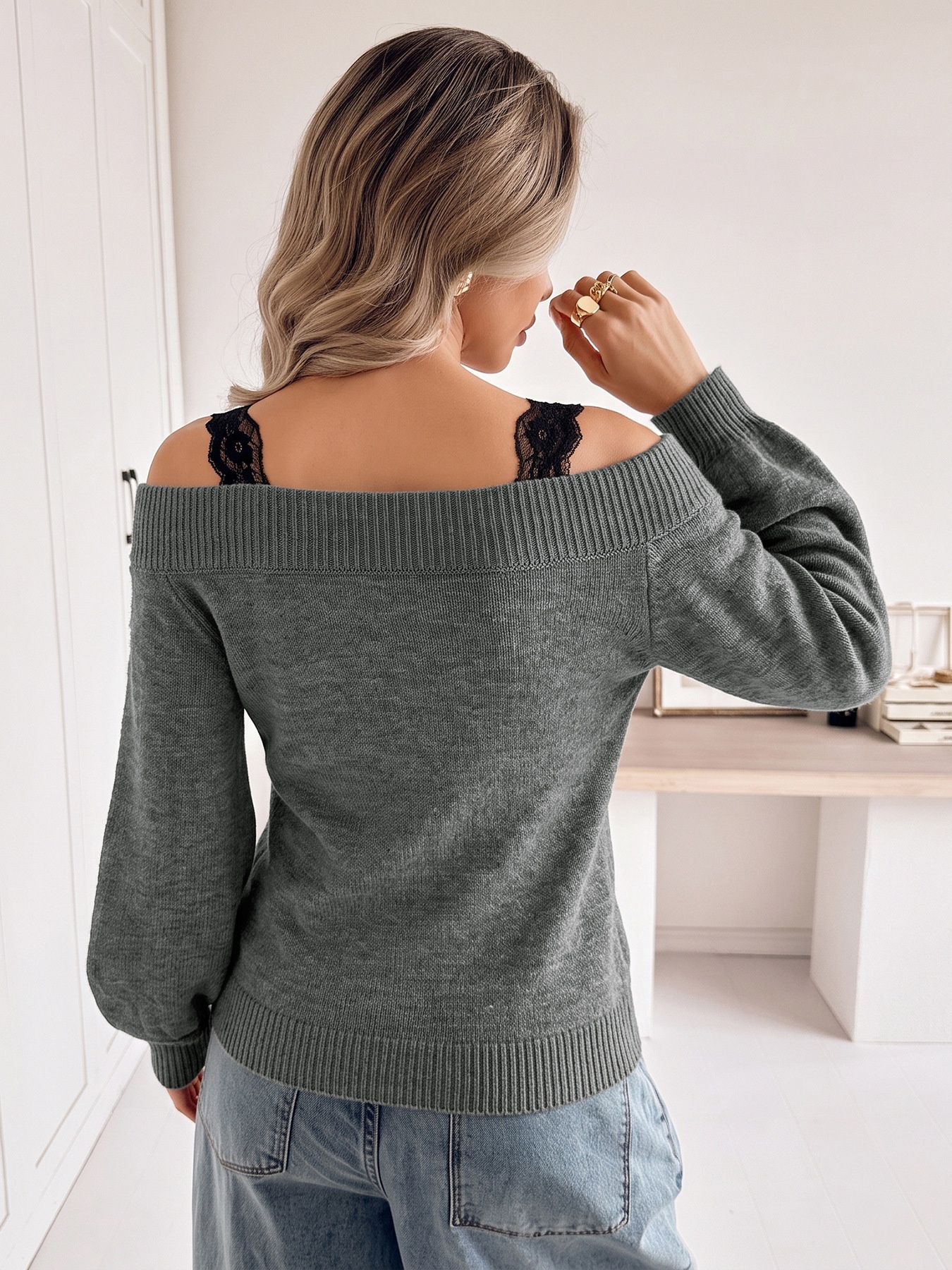 Women's Off-Shoulder Knit Sweater with Lace Straps