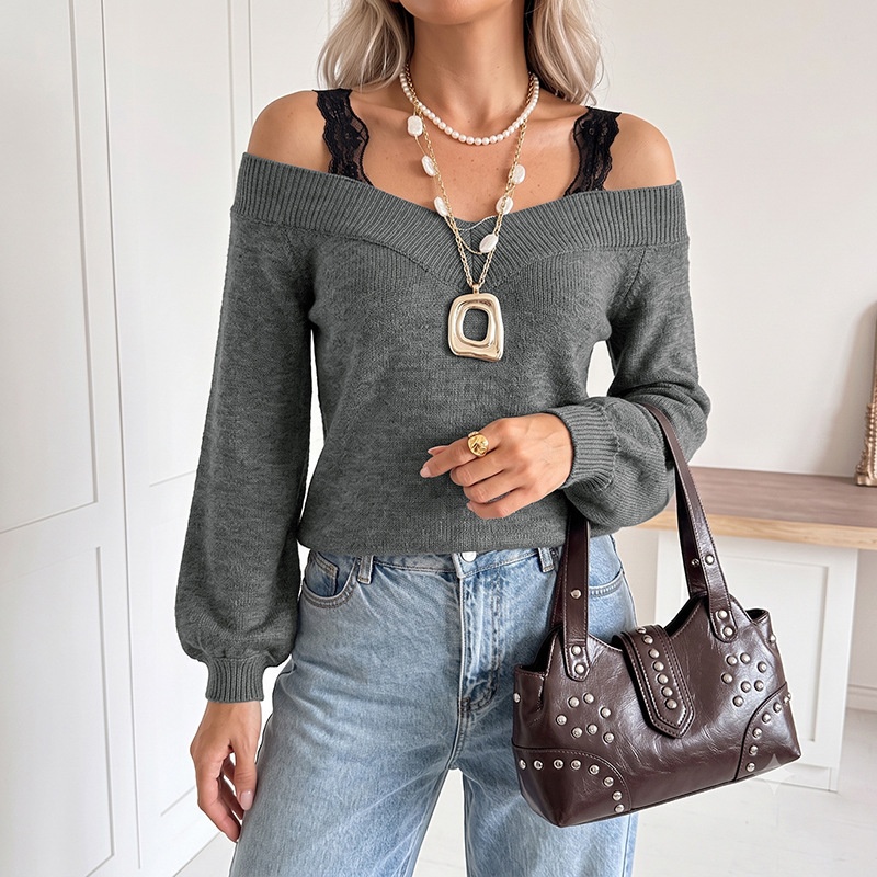 Women's Off-Shoulder Knit Sweater with Lace Straps