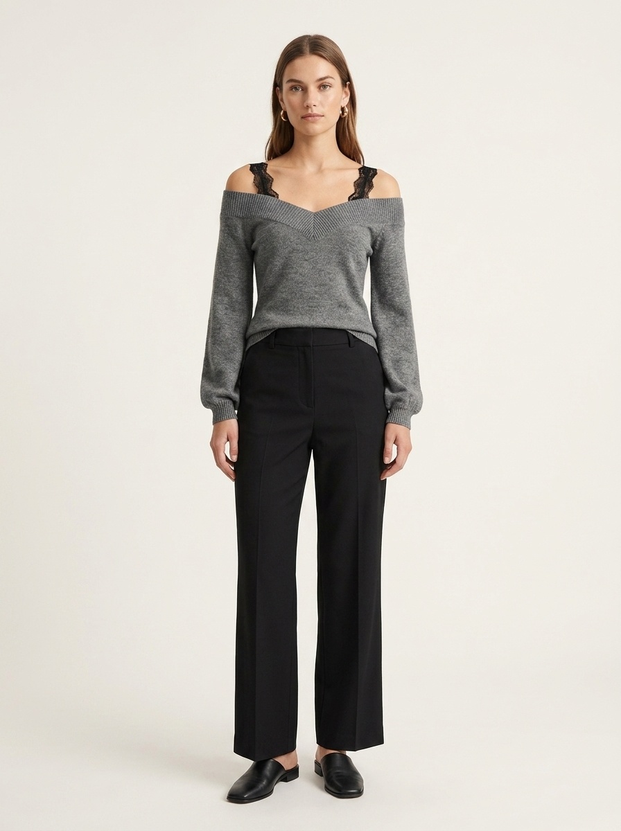 Women's Off-Shoulder Knit Sweater with Lace Straps