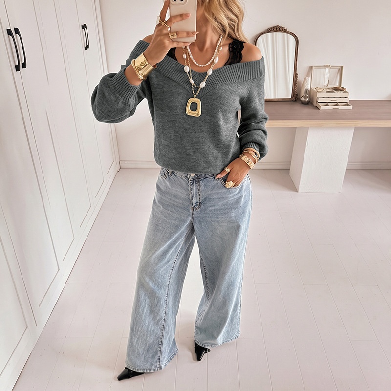 Women's Off-Shoulder Knit Sweater with Lace Straps