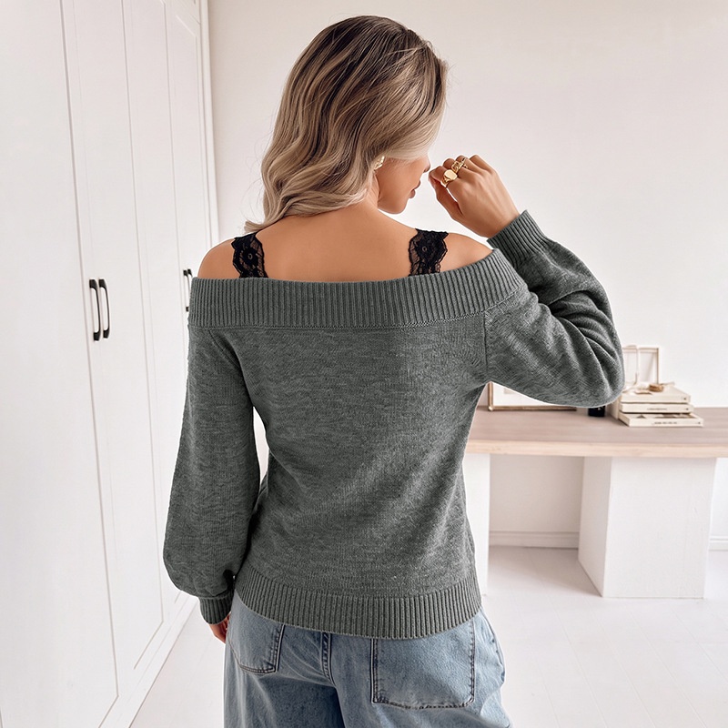 Women's Off-Shoulder Knit Sweater with Lace Straps
