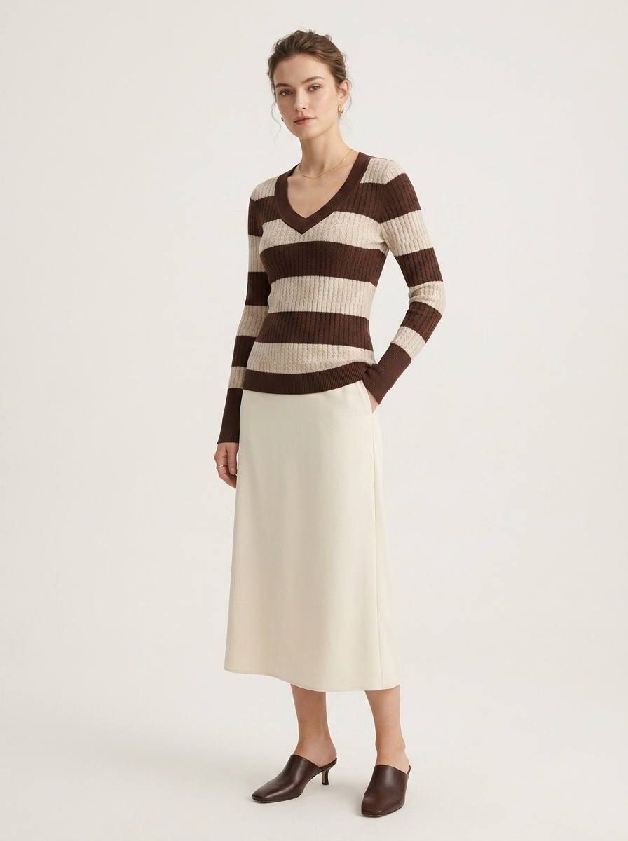 Women's Striped V-Neck Long Sleeve Knit Sweater