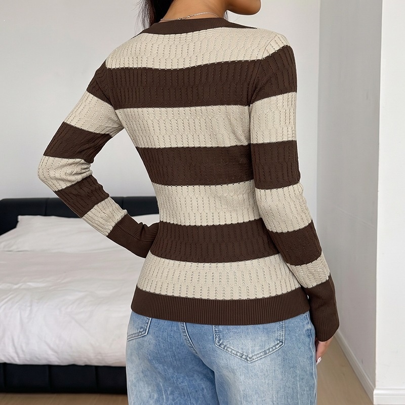 Women's Striped V-Neck Long Sleeve Knit Sweater