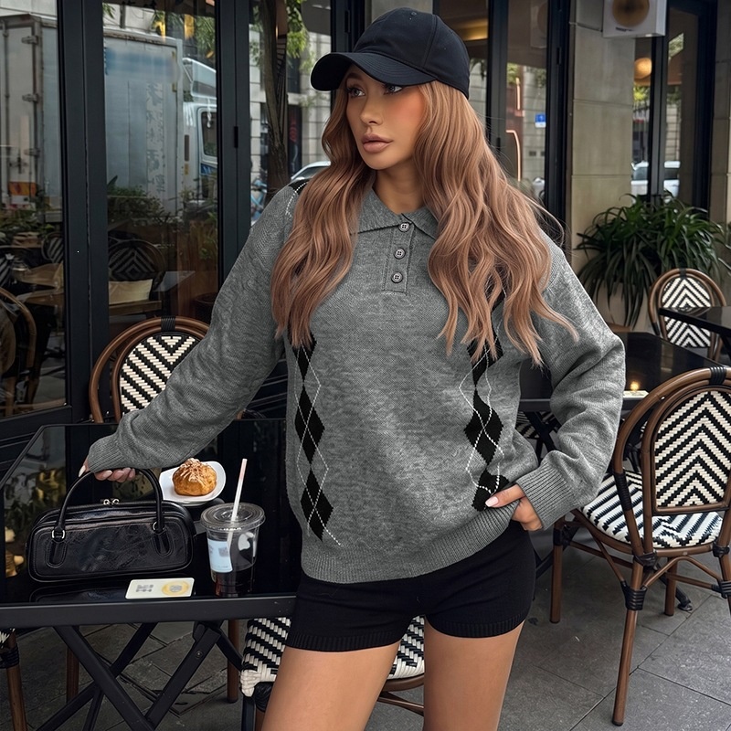 Grey Argyle Polo Knit Long Sleeve Sweater
