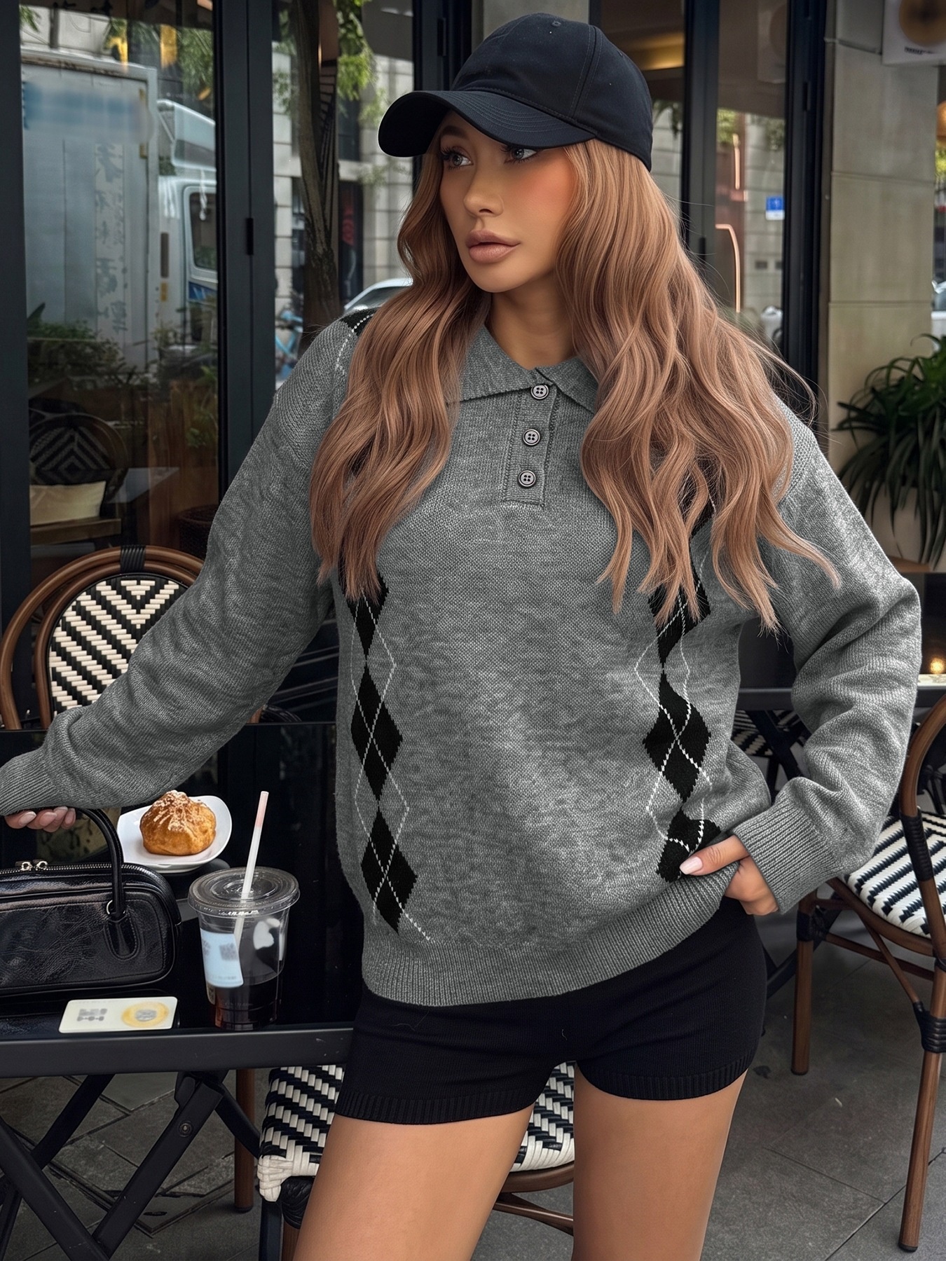 Grey Argyle Polo Knit Long Sleeve Sweater