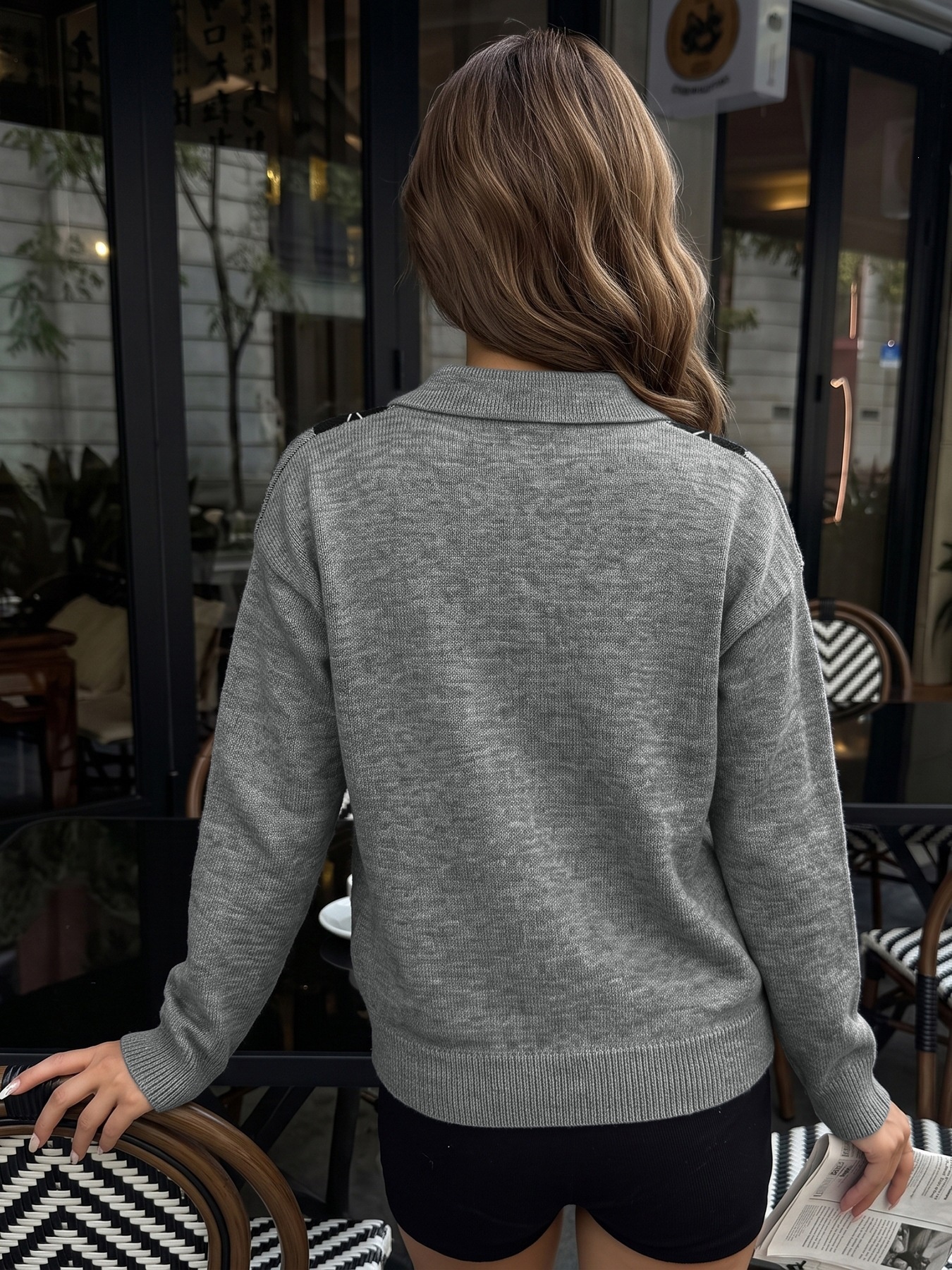 Grey Argyle Polo Knit Long Sleeve Sweater