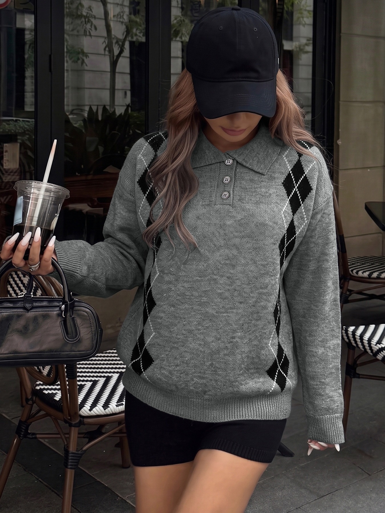 Grey Argyle Polo Knit Long Sleeve Sweater