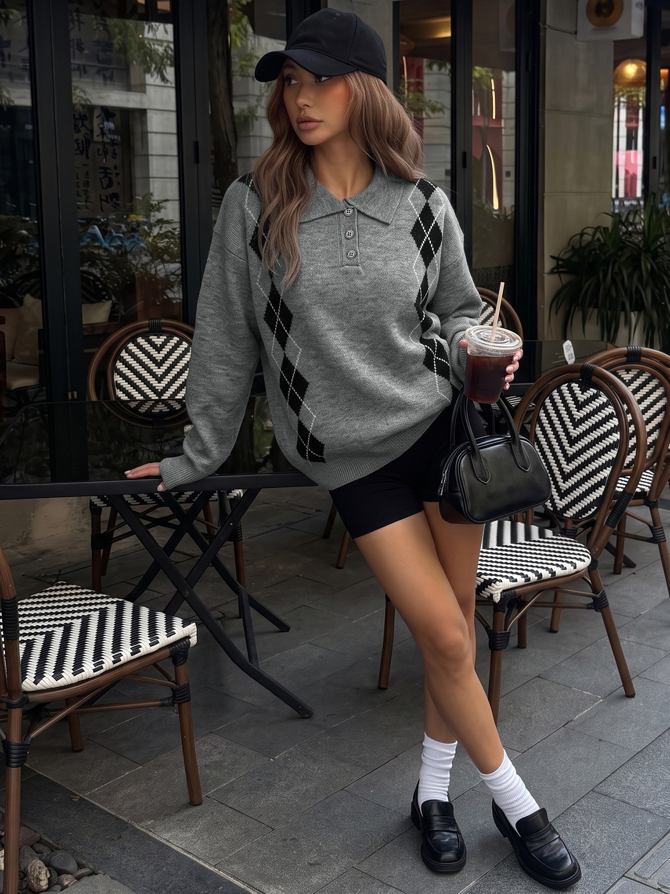 Grey Argyle Polo Knit Long Sleeve Sweater