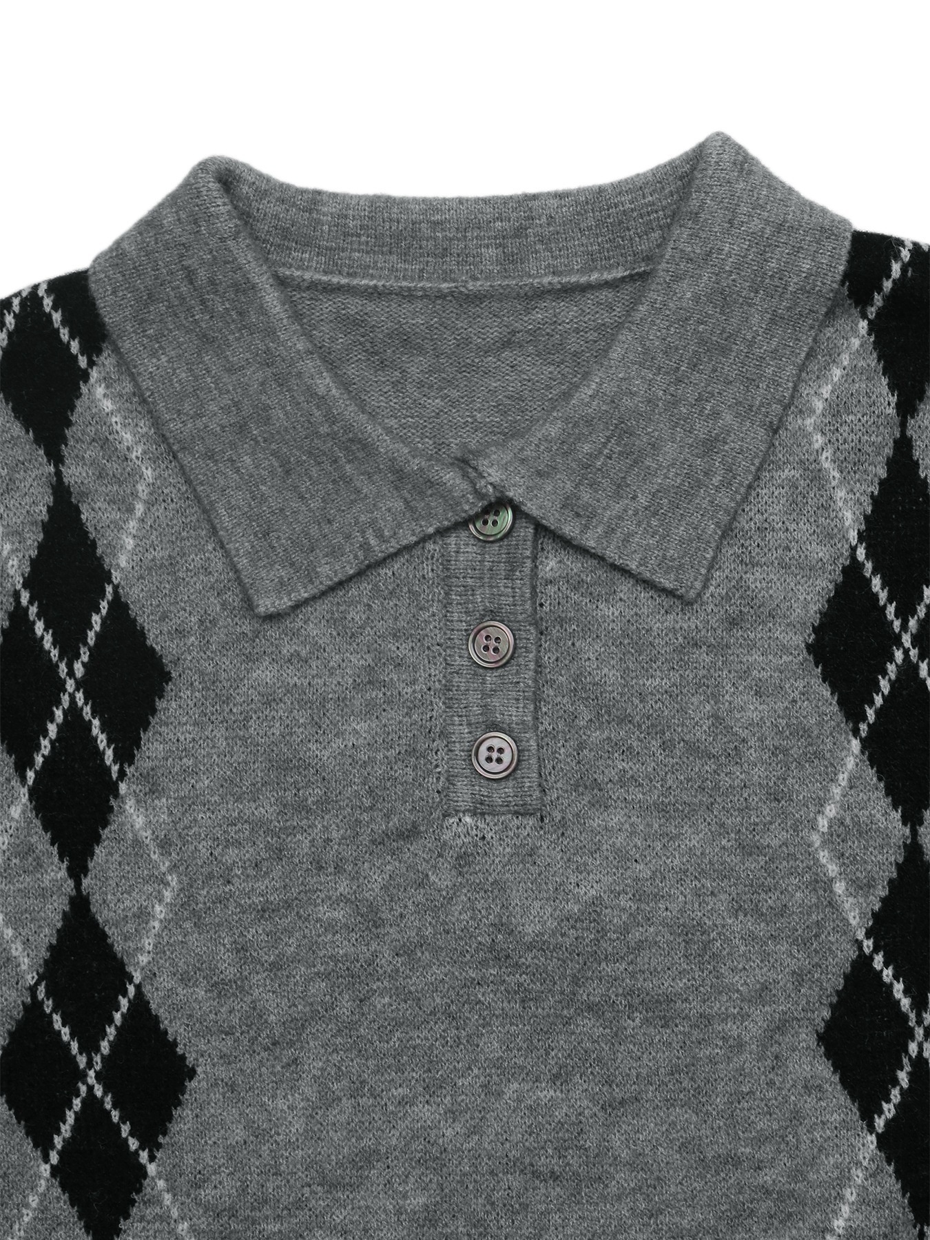 Grey Argyle Polo Knit Long Sleeve Sweater