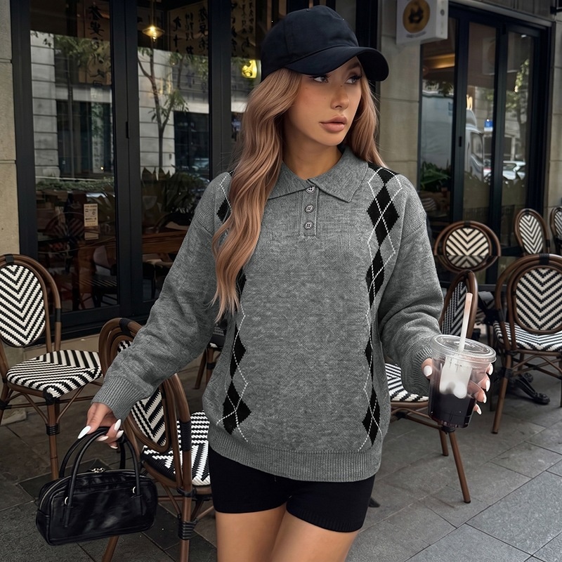 Grey Argyle Polo Knit Long Sleeve Sweater