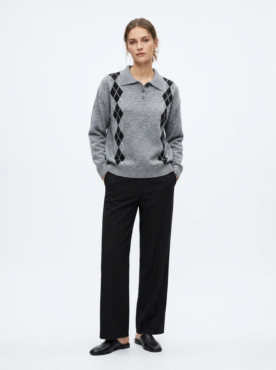 Grey Argyle Polo Knit Long Sleeve Sweater
