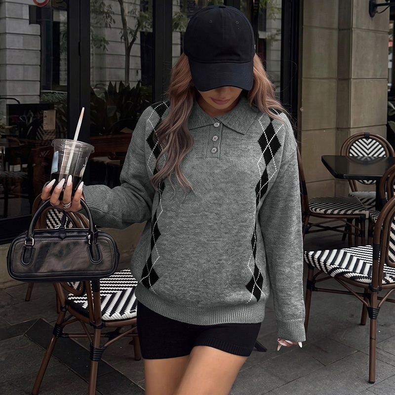 Grey Argyle Polo Knit Long Sleeve Sweater