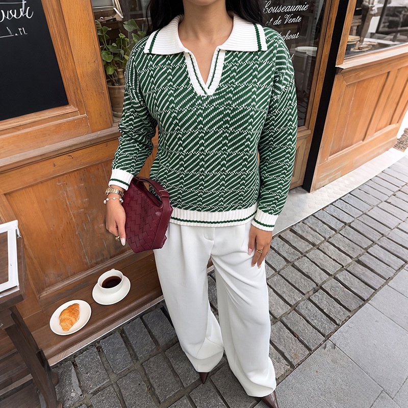 Women's Geometric Knit Long Sleeve Polo Sweater