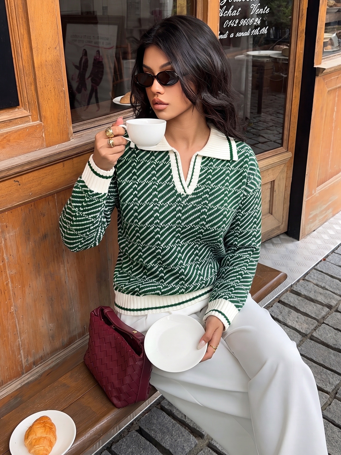 Women's Geometric Knit Long Sleeve Polo Sweater
