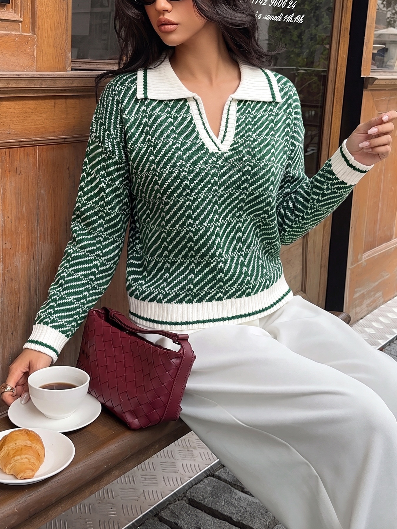 Women's Geometric Knit Long Sleeve Polo Sweater
