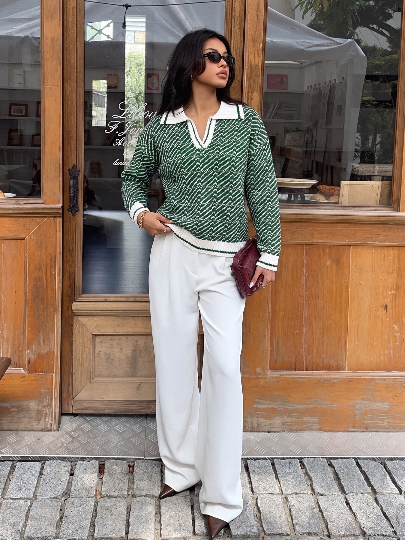 Women's Geometric Knit Long Sleeve Polo Sweater