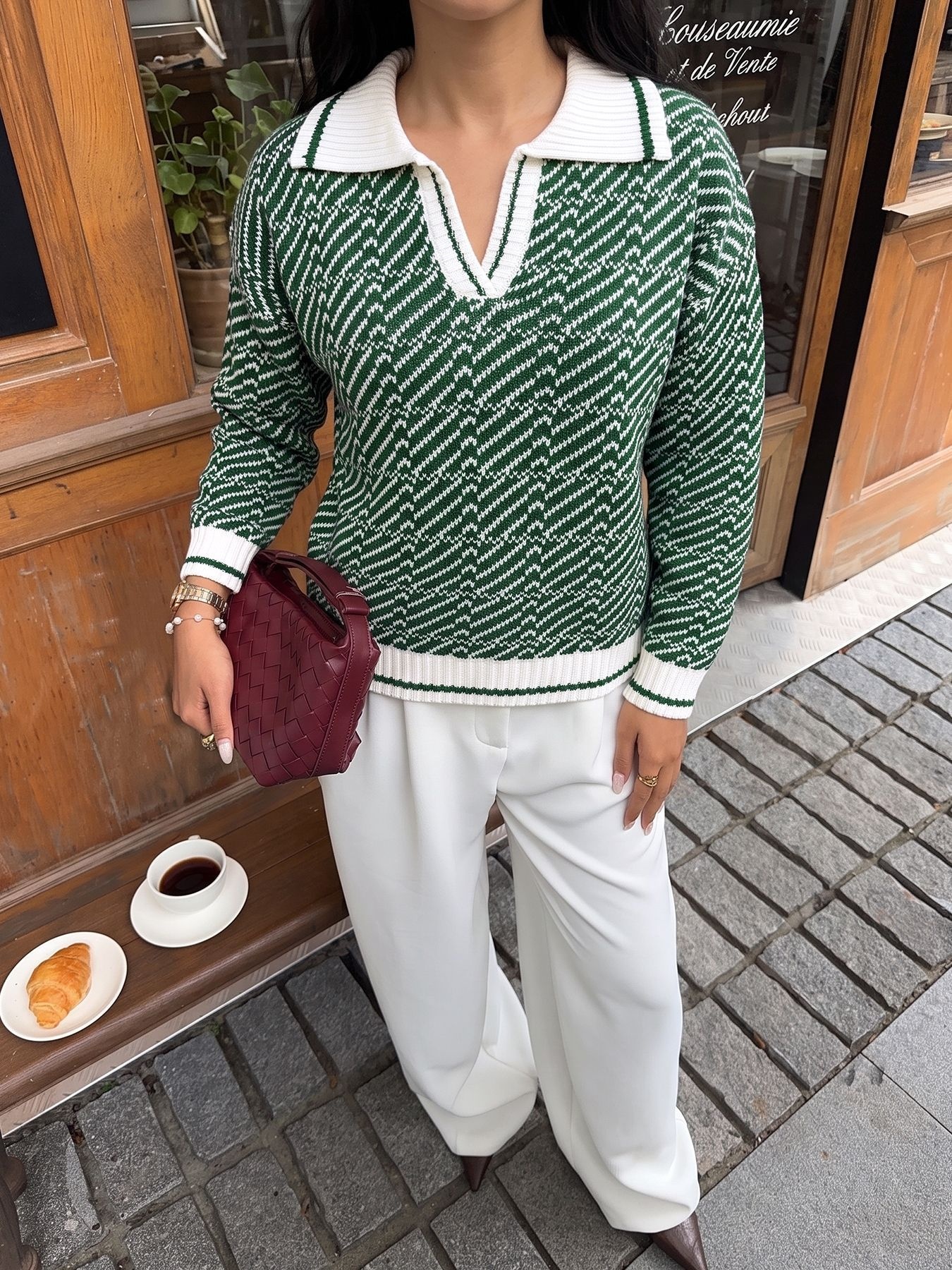 Women's Geometric Knit Long Sleeve Polo Sweater