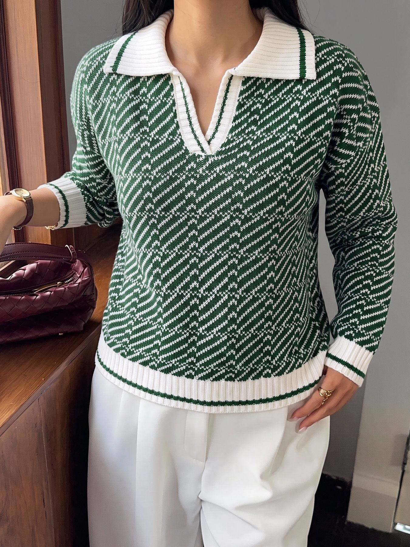 Women's Geometric Knit Long Sleeve Polo Sweater