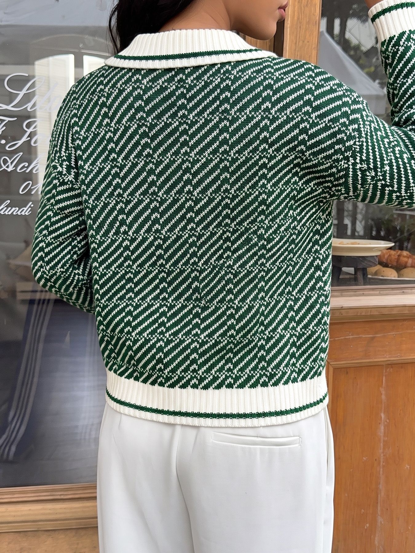 Women's Geometric Knit Long Sleeve Polo Sweater