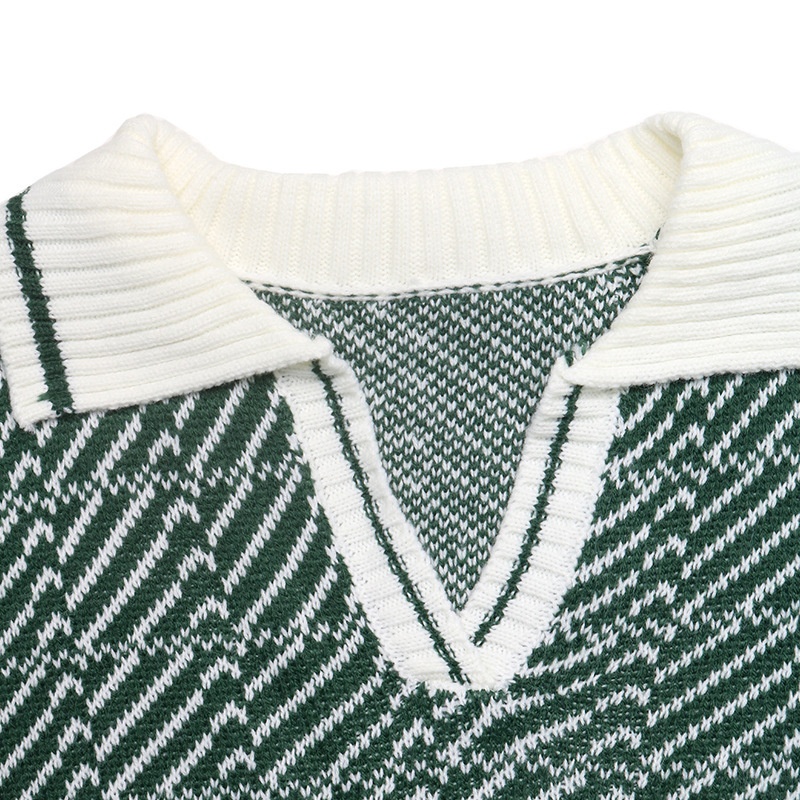 Women's Geometric Knit Long Sleeve Polo Sweater